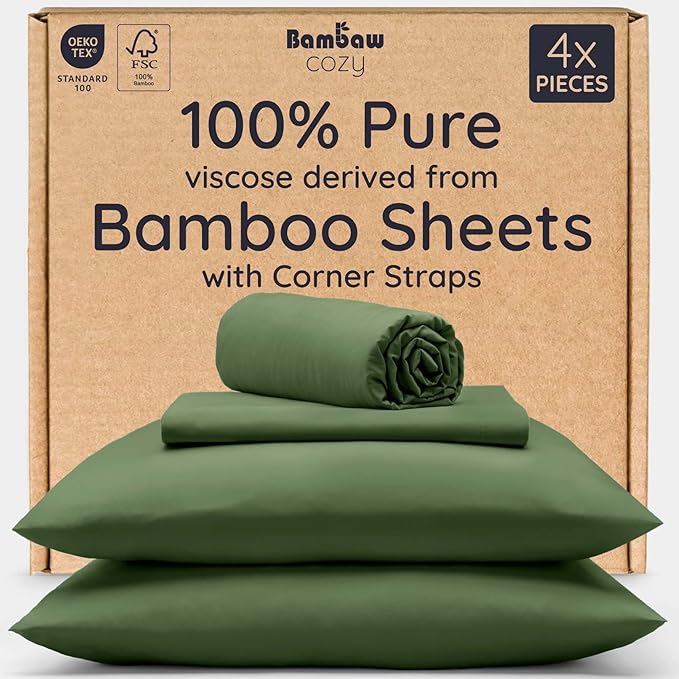 Bambaw 100% Viscose Derived from Bamboo Sheets Queen Size Set – 4pcs Cooling Sheet Set, Super Soft Sheets Queen Size, Luxury Bedding, Deep Pocket Fits Up to 16'' Mattresses (Olive)