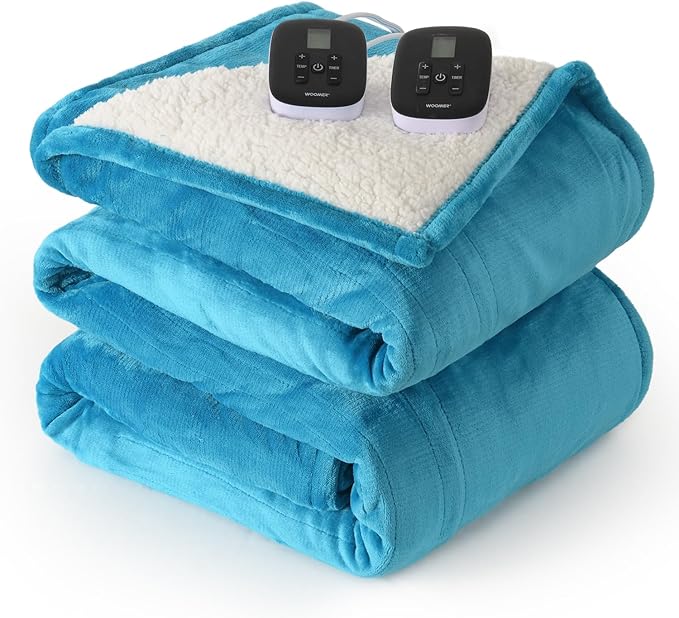WOOMER Heated Blanket King Size,Durable Flannel and Soft Sherpa,Dual Control,84” × 90” Electric Blanket, 10 Heat Levels&0.5-12h auto-Off, Overheat Protection,Energy Efficient