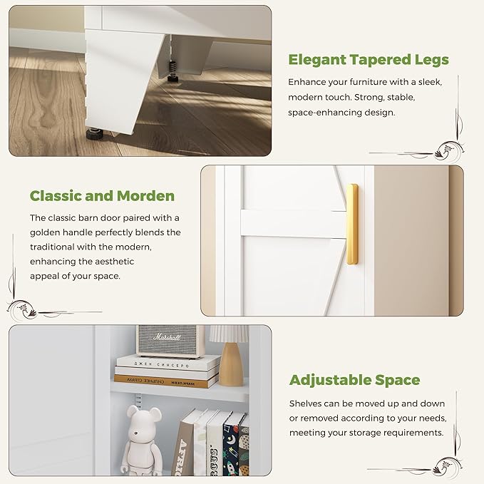 COFaR Tall Bathroom Storage Cabinet, Metal Farmhouse Narrow Slim Cabinet with Adjustable Shelves Barn Door for Bathrooms, Kitchens, Entrances Living Room (White)