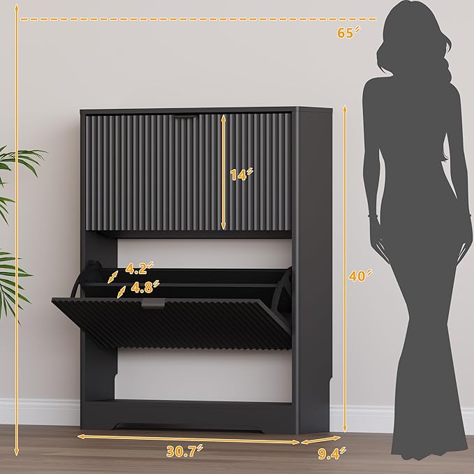 Shoe Cabinet with 2 Flip Drawers, Fluted Shoe Storage Cabinet with Adjustable Shelves, Freestanding Rack and Organizer for Entryway, Closet, Hallway