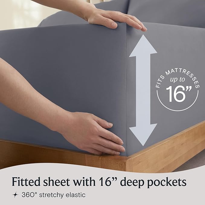 LuxClub 4 PC Queen Sheet Set, Deep Pockets Wrinkle Free Cooling Bed Sheets Hotel Bedding for Women, Men, Includes 1 Fitted Sheet, 1 Flat Sheet and 2 Pillowcases-Soft Light Grey