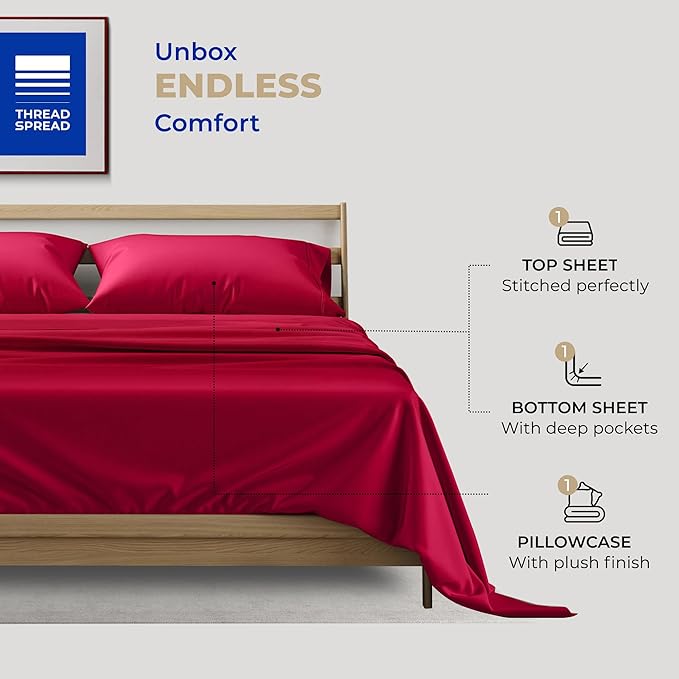 THREAD SPREAD 100% Cotton Bed Sheets Twin XL Set - 400 Thread Count Cotton Twin XL Sheets Only, 3 PC Set (Red), Ultra Soft, Breathable, Cooling, Sateen Weave 16" Deep Pocket Bedsheet for Hot Sleepers