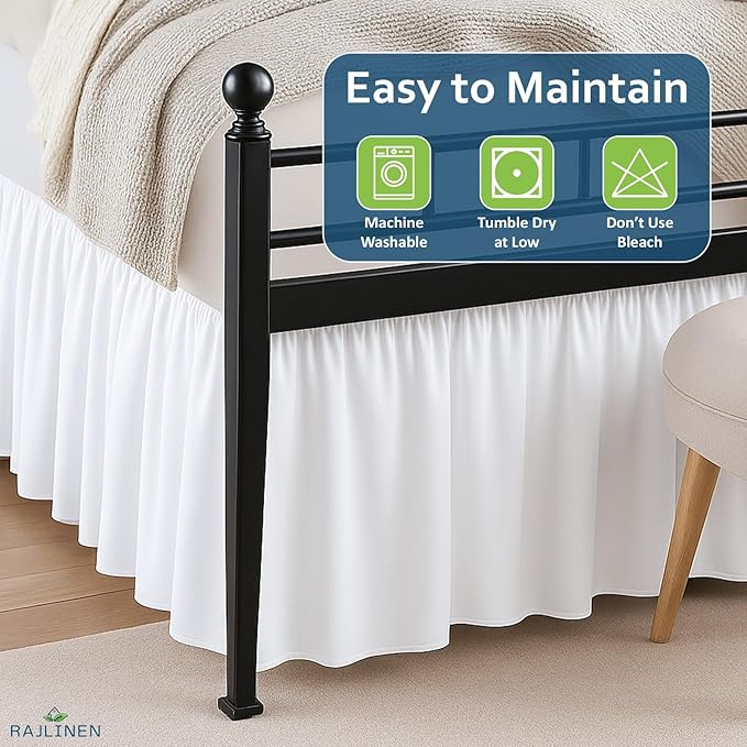 Rajlinen Ruffled Bed Skirt King, 14 Inch Drop Dust Ruffle with Split Corners, 100% Microfiber Bedskirt with Platform, Three-Sided Coverage Ruffled Gathering Design, White