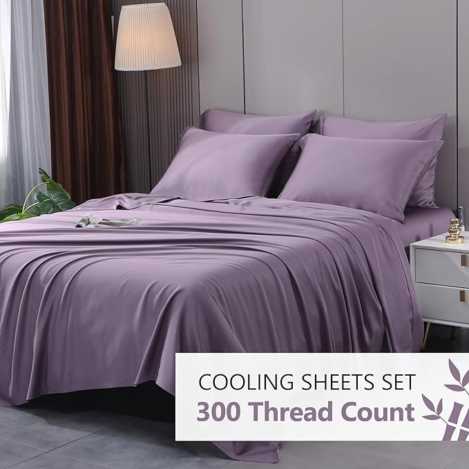 Queen Sheets, Rayon Derived from Bamboo, Cooling Bed Sheets Set,Deep Pocket Up to 16", 4 Pieces Silky Soft, Breathable Bedding Sheets & Pillowcases(Dusty Purple,Queen)