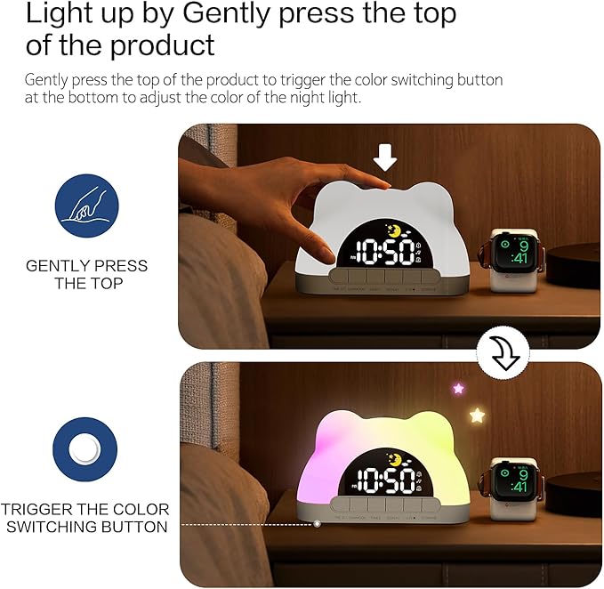LED Alarm Clock, Little Bear Alarm Clock, Sleep Training Clock for Toddlers with 11 Colors Night Light for Bedroom, Sound Machine, Birthday Gift for Boys Girls