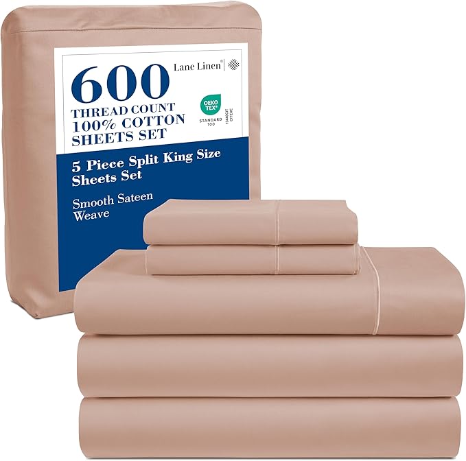 LANE LINEN Split King Sheet Sets for Adjustable Beds - 5 PCs, 600 Thread Count Split King Sheets Set - Sateen King Split Sheets for Adjustable Bed - Split Top King Sheets Set for Bed - Sepia Rose
