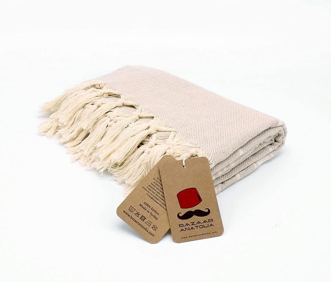 Bazaar Anatolia Turkish Beach Towel – 100% Cotton, Quick Dry, Sand Free Towel for Bathroom, Travel, Camping – Oversized 71x39 Inches – Stripe Beige