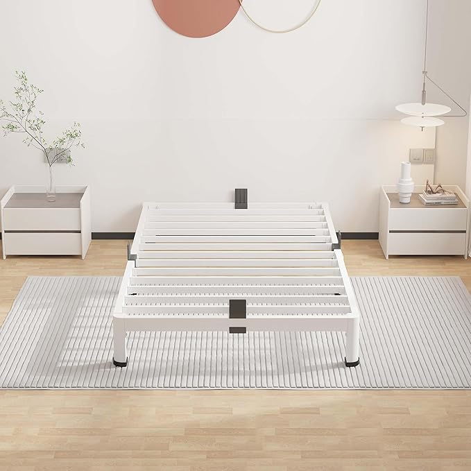 ROIL 4 Inch White Twin Bed Frame with Rounded Corner and Mattress Retainers, 3500LBS Heavy Duty Steel Slats No Box Spring Needed Platform Noise-Free Easy Assembly