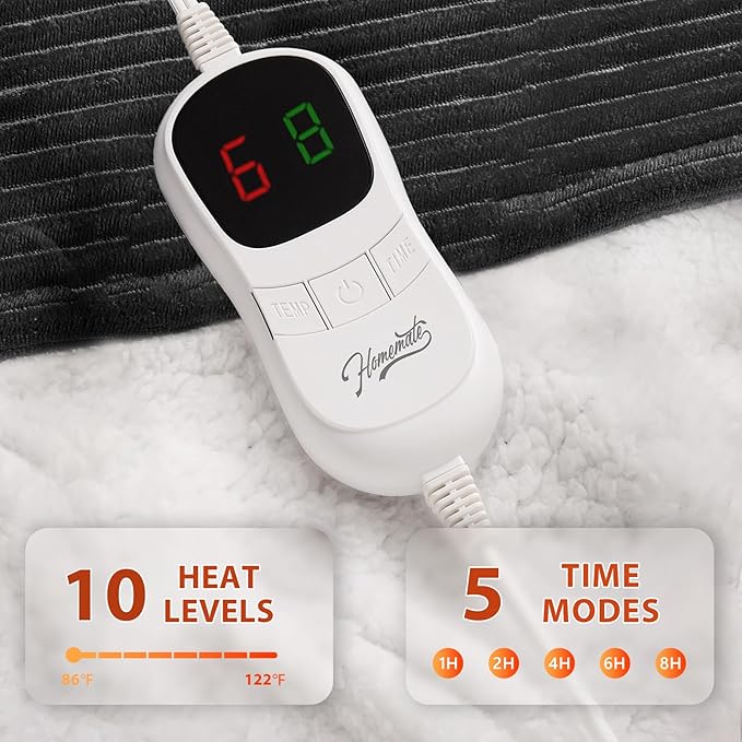 Homemate Electric Heated Blanket Full Size - 72"x84" Heating Blanket Full Size 1/2/4/6/8 Hours Auto-Off 10 Heat Level Over-Heat Protection Soft Flannel Sherpa ETL Certification