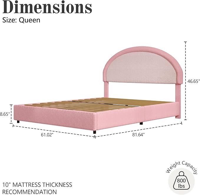 Queen Bed Frame, Boucle Upholstered Platform Bed Frame with Headboard, Pink Bed Frame, Soft Rounded Corners, No Box Spring Required, Easy Assembly