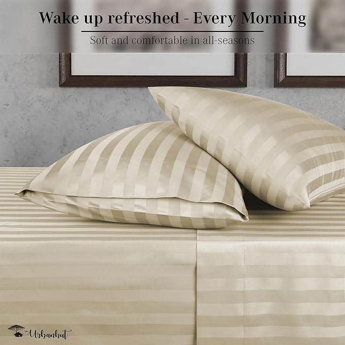URBANHUT 800 Thread Count 100% Cotton Damask Twin Size Sheets, 4 Piece Striped Twin Size Bedsheets, Luxury Hotel Sheets Sateen Weave - Better Than Egyptian, 14" Elasticized Deep Pocket- Ivory