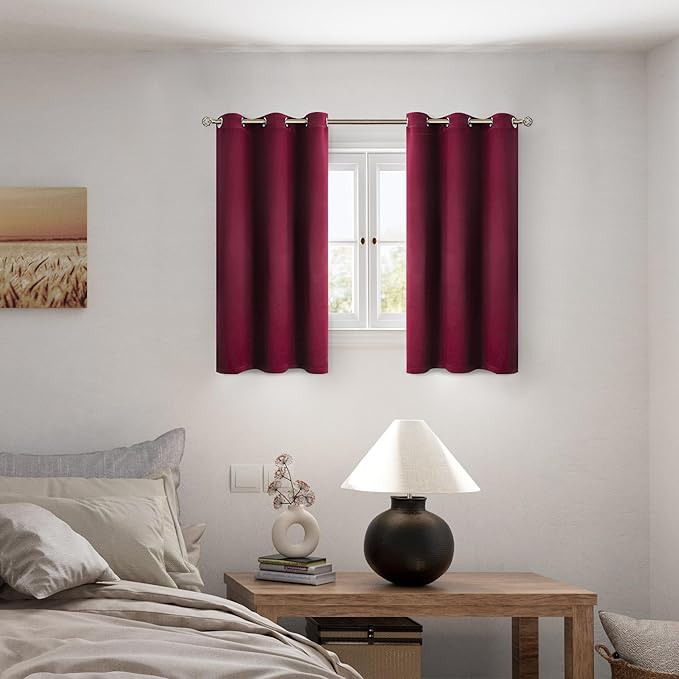 BGment Short 100% Blackout Curtains for Bedroom, Thermal Insulated Lined Energy Efficiency Noise Reducing Grommet Curtains 45 Inch Length for Small Window 2 Panels Each 42 Inch Wide, Burgundy Red