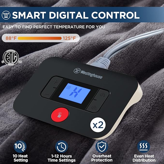 Westinghouse Electric Blanket King Size, Super Cozy Soft Flannel 100"" x 90"" Heated Blanket with 10 Fast Heating Levels & 1-12 Auto-Off, Machine Washable, ETL&FCC Certification, Charcoal