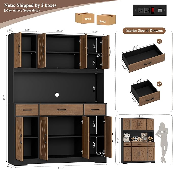 HOSTACK 71" Tall Kitchen Pantry Storage Cabinet with Charging Station, 55" Wide Kitchen Hutch Cabinet with Large Countertop, Farmhouse Food Pantry with Drawers for Living Room (Brown/Black)