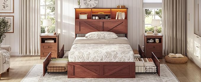 AOGLLATI Twin Bed Frame with 4 Storage Drawers and Charging Station, Farmhouse Wooden Led Twin Bed with Storage Hidden Space Headboard and Metal Slats,Mahogany