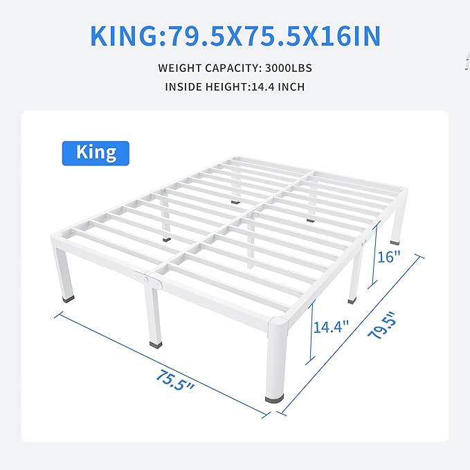 MAF 16 Inch King Size Bed Frame White with Round Corner Legs Mattress Slide Stopper No Box Spring Needed Heavy Duty Metal Platform Bed Frames Under-Bed Storage Space, 3000 LBS Steel Slats Support
