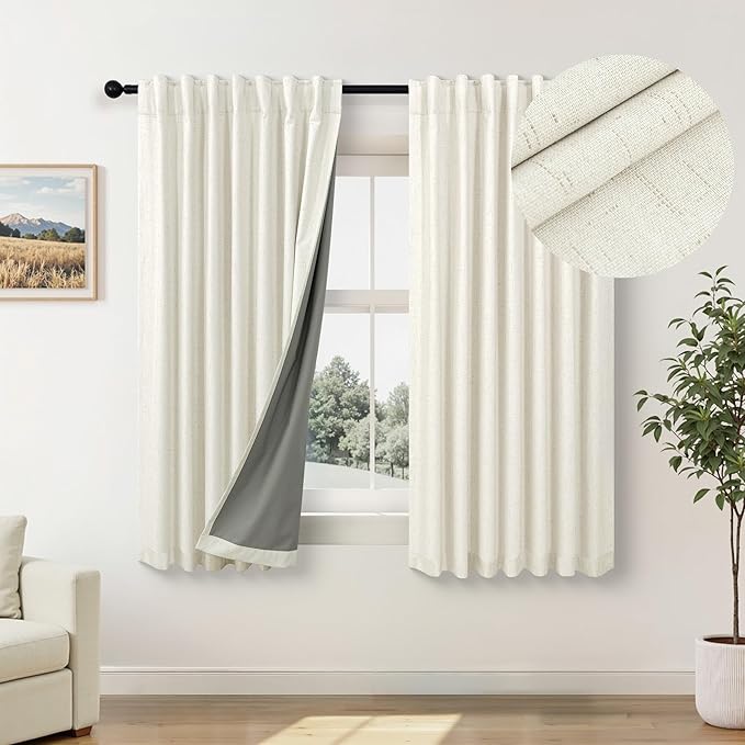 Natural Linen Textured Short Black Out Curtain 58 Inch Long for Bedroom 58 Length Burlap Small Blackout Window Back Tab Thermal Cooling Curtain for Summer Heat Living Room Divider Closet 2 Panel Cream