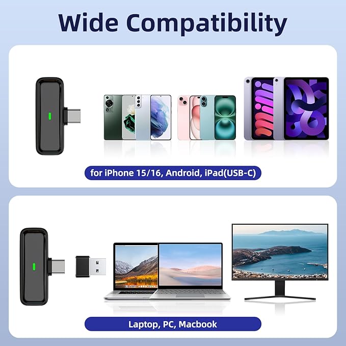Wireless USB Microphone for PC Laptop iPhone 16/15 Android Phone - Noise Canceling Lapel Lavalier Mic with 24H Charging Case for Video Recording Vlog TikTok Podcast Live Streaming (USB & USBC)