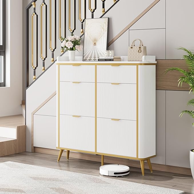 Fluted Shoe Cabinet Storage, Modern Slim Shoe Organizer Cabinet with 4 Flip Drawers & 2 Drawers, Wooden Freestanding Shoe Rack Cabinets for Entryway, Foyer, Hallway, White