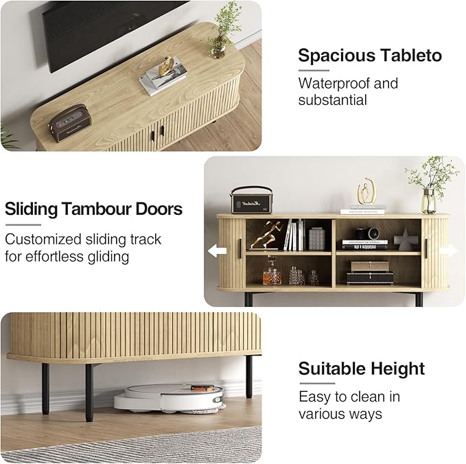 47''W Natural Storage Cabinet, Media Console, Tambour TV Stand; Sliding Door, Fluted Cabinet, Buffet Sideboard, Credenza, Table Stand for Living Room, Kitchen