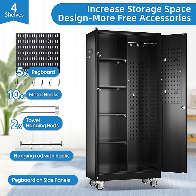 Garage Storage Cabinet with Wheels, Broom Closet Storage Cabinet with Pegboards and Adjustable Shelves, Metal Tool Cabinet with Lockable Door for Garage Home, Black
