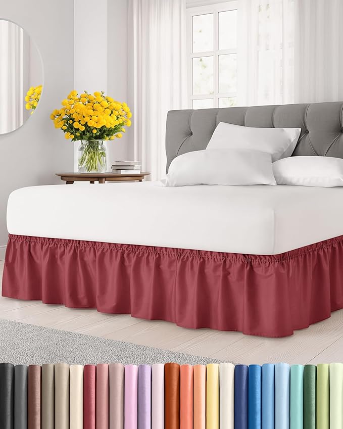 Wrap Around Dust Ruffle Bed Skirt - Burgundy - for Queen Size Beds with 24 Inch Drop - Elastic Strap - Adjustable Pleated Bedskirt with Brushed Fabric and Wrinkle Free - for Women, Men, Kids & Teens