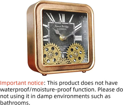 Desk Clock Vintage Metal Table Clocks with Moving Gears, Silent Retro Industrial Steampunk Quartz Small 6 inch End Table Clock for Home Office Living Room Decor Battery Operated (Gold)