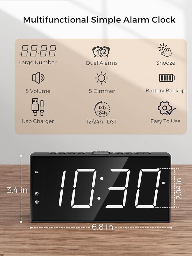 PPLEE Alarm Clock for Bedroom, 2 Alarms Loud LED Big Display Plug in Simple Basic Digital Clock with USB Charging Port, Adjustable Volume, Dimmable, Snooze for Deep Sleepers Kids Elderly Home Office
