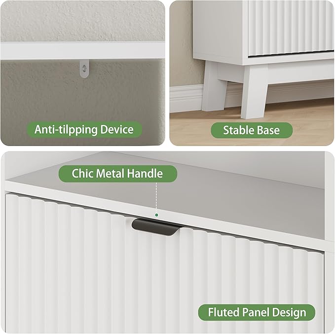 Shoe Cabinet with 4 Flip Drawers, 46" Tall Narrow Fluted Shoe Storage Organizer for Entryway, Hidden Slim Wooden Shoe Rack Cabinet for Front Door Entrance, Hallway, Living Room, Solid White