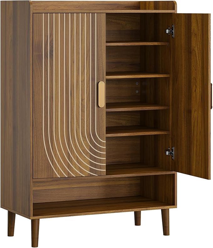 Smuxee Walnut Shoe Cabinet with Line Groove Design, 6-Tier Shoe Storage Cabinet with Adjustable Shelves, Freestanding Shoe Organizer Cabinet for Entryway, Hallway, Closet, Living Room