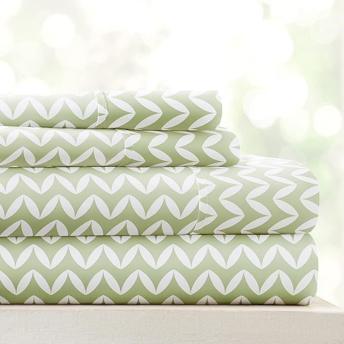 Linen Market Double-Brushed Patterned Microfiber California King Sheet Set 4 Piece – OEKO-TEX Certified Ultra Soft & Wrinkle-Free - 16" Deep Pocket Sheets Easy Care Cal-King Size - Puffed Chevron Sage