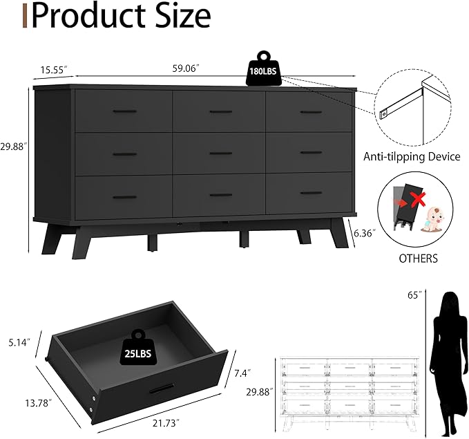 Dresser for Bedroom, Wide Wood 9 Drawer Modern Chest of Drawers with X-Shaped Sturdy Base, Double Dresser Closet Clothes Storage Organizer, Wooden TV Stand for Living Room, Hallway, Black