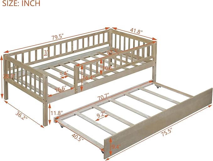 Bellemave Twin Bed Frames with Rails for Kids, Twin daybed Frame with Trundle for Boys/Girls/Adults， Natural