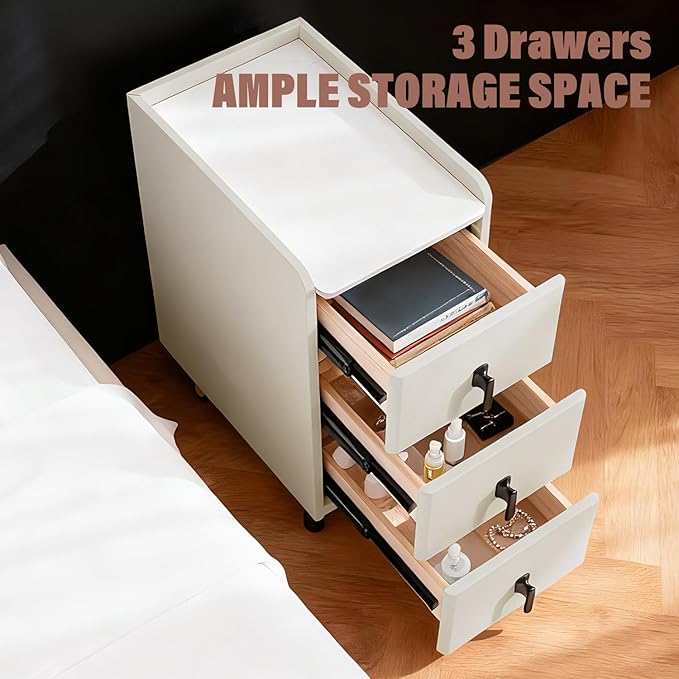 Lamberia Narrow Nightstand with 3 Drawers, Narrow Side Table, Small Bedside Table for Bedroom, Living Room, End Table for Small Space, Cream White，9.8''W x 15.8" D x 23.5" H