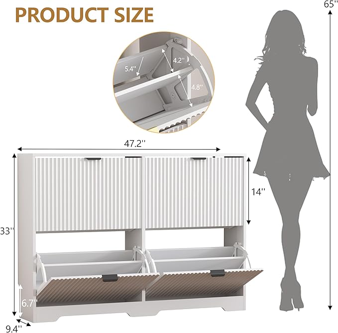 Shoe Cabinet Storage for Entryway with 4 Flip Drawers, White Fluted Shoe Cabinet with Adjustable Shelves, Wooden Hidden Shoes Rack Freestanding Narrow Slim Shoes Storage for Hallway, Entrance