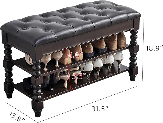 Shoe Storage Bench with Cushion, Entry Bench with Storage Solid Wood Shoe Bench Ideal for Entryway Living Room and Corridor (Walnut 31.5'')