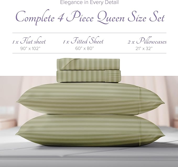 Carressa Linen Luxury Egyptian Cotton Queen Stripe Sheet Set - 600 Thread Count Extra Long Staple 4 PC Set, Herb Garden Queen Damask Sheets, Soft, Cooling Sateen Weave Sheets Upto 18 in Deep Pocket