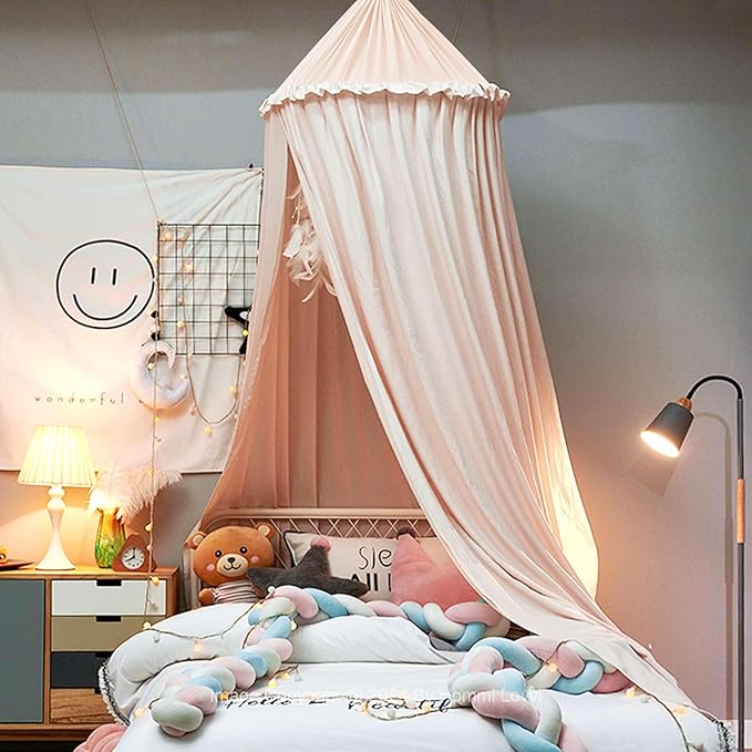 Bed Canopy for Girls, Dreamy Frills Ceiling Hanging Princess Canopy Bedroom Decoration Soft Canopy Net Reading Nook, Extra Large Full Queen Size Bed Canopies - Light Pink