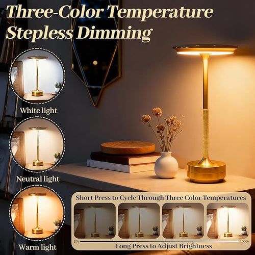 2 Pack Cordless Table Lamp Rechargeable, Portable Battery Powered USB Desk Lamp, 3 Color Dimming LED Table Light with Touch Control, for Bedroom/Restaurant/Office/Outdoor(Gold)