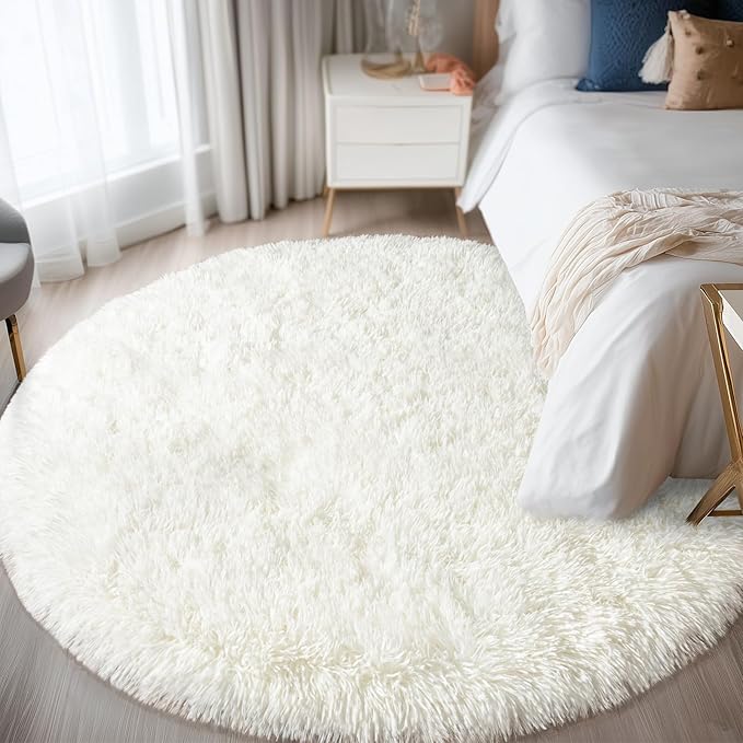 Round White Rug for Bedroom, 5 ft Circle Area Rugs for Living Room, Soft Fluffy Shag Carpet for Teen Girls Boys Nursery Room Dorm Home Decor Aesthetic