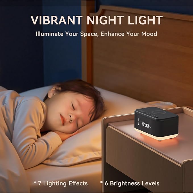 Wireless Charging Alarm Clock Bedroom, Loud Digital Alarm Clocks Bedrooms, Alarm Clock Night Light Speaker 8W Snooze Dual Alarm 12/24H Adjustable Brightness Dimmer Bluetooth, Black