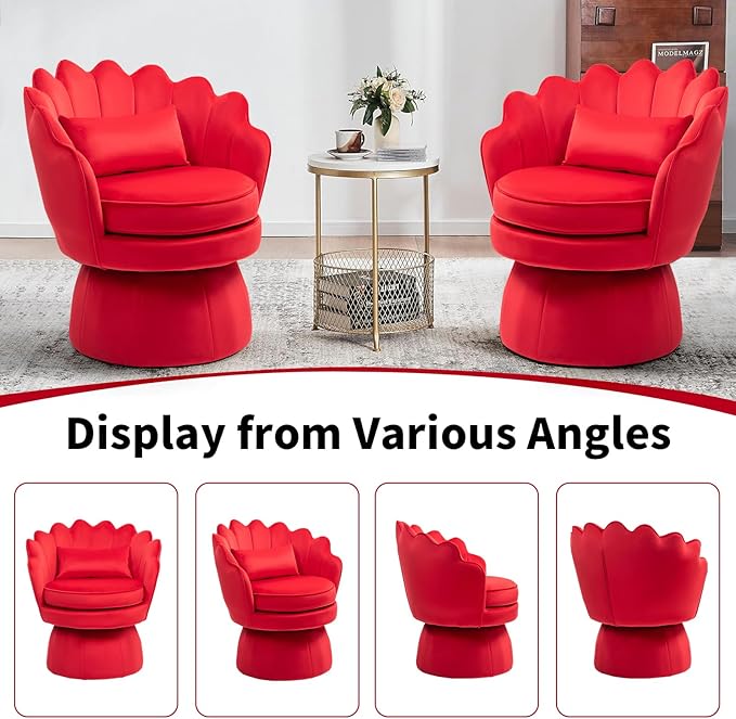 360° Swivel Accent Chair, Mid-Century Modern Velvet Barrel Chair, Comfy Shell Shape Arm Chair with Lumbar Pillow for Living Room, Bedroom, Office, Rose Red