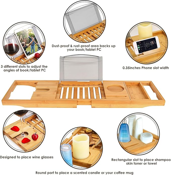 Premium Bamboo Bathtub Tray Caddy, Bath Tub Trays Table for Bathtub, Expandable Bath Caddy Tray, Bathtub & Bathroom Accessories for New Home, Anniversary and Wedding Gifts for Couple