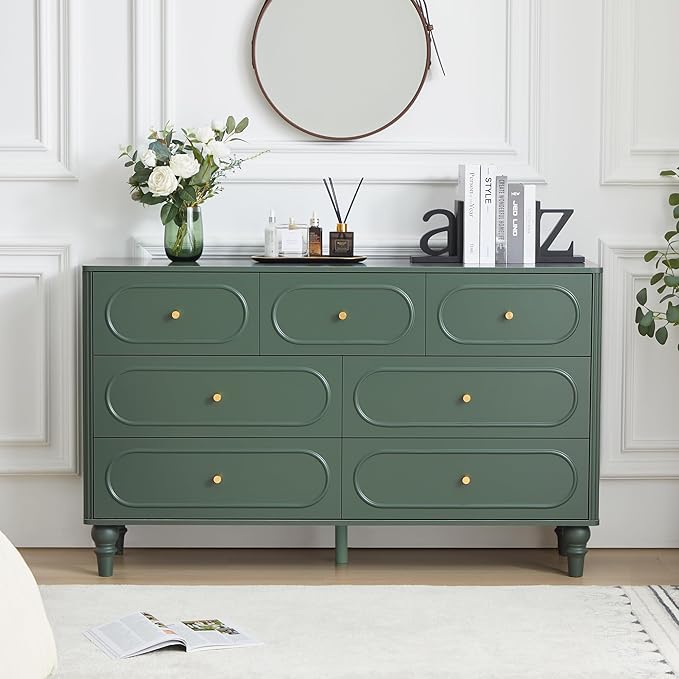 ORRD Fluted 7 Drawer Dresser for Bedroom, Modern Mid Century Chest of Drawers, Wood Storage Large Dresser Organizer for Bedroom Living Room Closet Hallway, Green