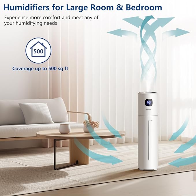 Large Humidifiers for Bedroom, 9L/2.5Gal Ultrasonic Cool Mist, Top Fill Easy Clean with 350ML/H Mist Speed, Quiet, Suitable for Kids Room Plant Yoga Office Study Room Living (White, Round)