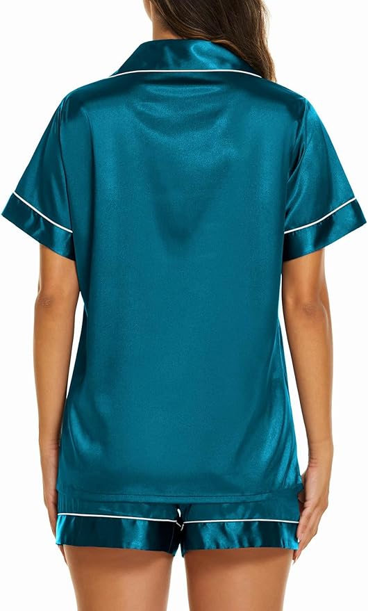 Ekouaer Silk Pajamas for Women Short Sleeve Sleepwear Soft Button Down Loungewear 2 Piece Satin Pjs Shorts Set