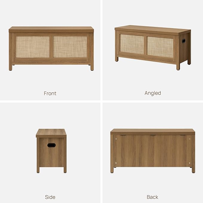SICOTAS Rattan Storage Chest - 39.4" Storage Bench for Bedroom, Boho Storage Truck with 2 Safety Hinges and Flip Top for Living Room Entryway, Supports 220 lb, Oak