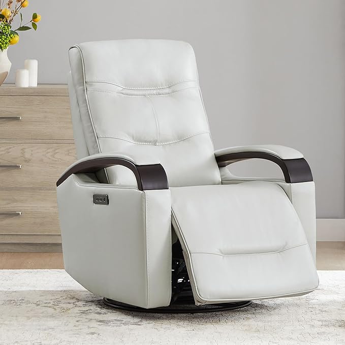 CHITA Genuine Leather Power Swivel Glider Rocker Recliner, FSC Certified Mid Century Modern Recliner Chair for Adults, Adjustable Power Headrest, for Nursery and Living Room, Creamy Grey