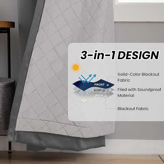 3-in-1 Layers Soundproof Curtains,Grommet Full Blackout Thermal Noise Dampening Curtains for Living Room, Bedroom(1 Panel,Grey,50" x96")