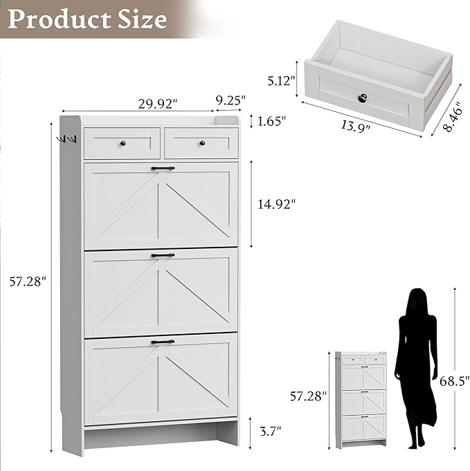 Shoe Storage Cabinet for Entryway, Farmhouse Narrow Shoe Cabinet with 3 Flip Drawers & 2 Top Drawers, Adjustable Shelves & Hooks, Freestanding Hidden Rack Organizer for Hallway, Foyer
